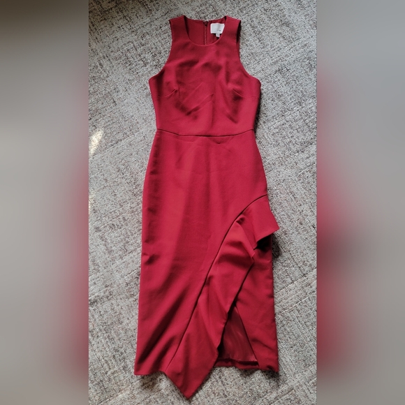 cinq a sept Piper Dress In Pomegranate Red Ruffle Front Slit Asymmetrical Midi 4 - Picture 2 of 11